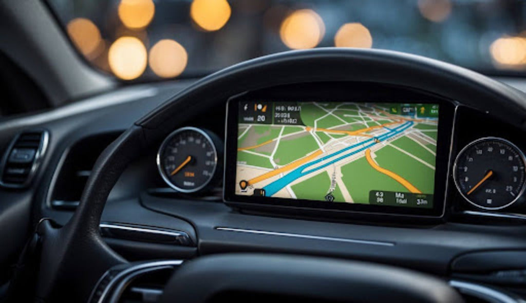 A hand holding a smartphone with a navigation app open, next to a GPS device on a table.